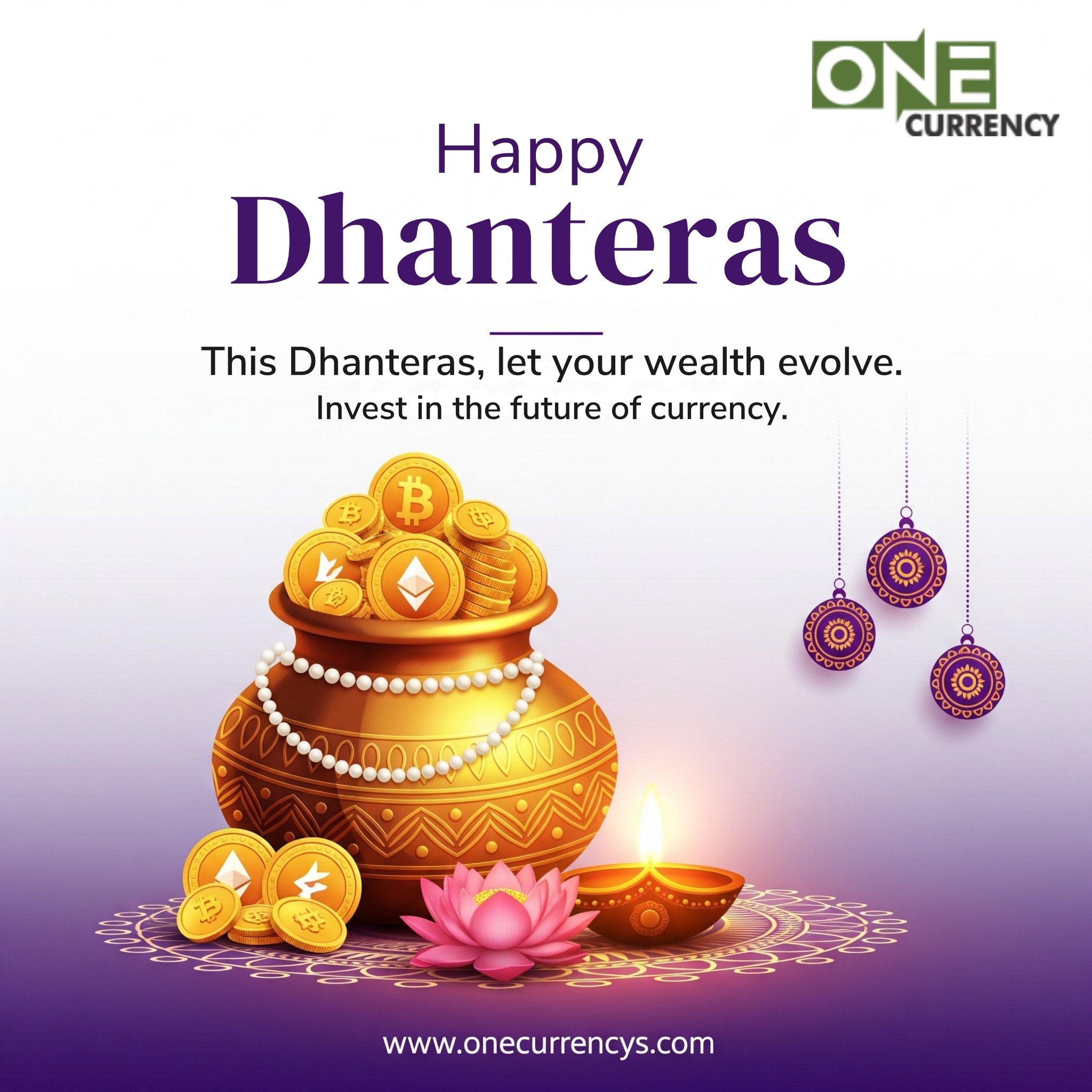 Happy Dhanteras crypto and festival poster for One Currency